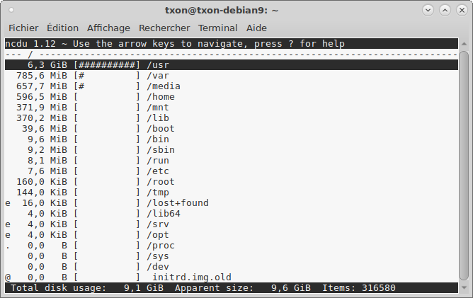 Debian 9 ncdu racine.png