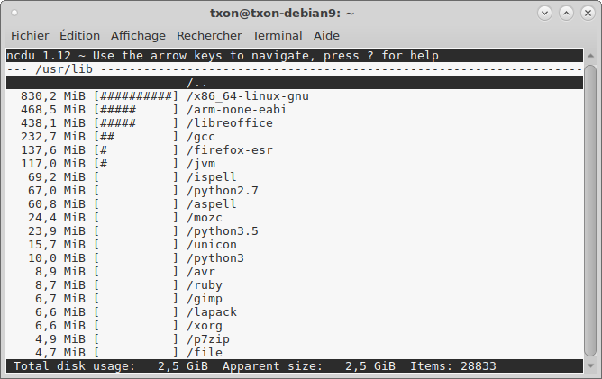 Debian 9 ncdu racine usr lib.png